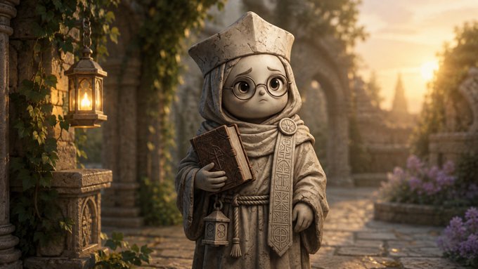 A stone statue of a scholar-like figure with round glasses holds a book and lantern in a sunlit garden, evoking ancient wisdom—mirroring the post's humorous take on crypto traders learning to "take profit" instead of just screenshotting gains.