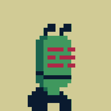 A pixel-art illustration of a green cylindrical explosive device with red horizontal bands and a black handle against a pale yellow background.