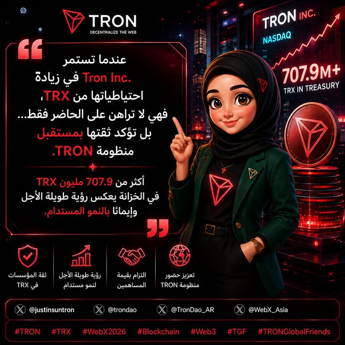 This image features a stylized character and highlights TRON Inc.'s increasing reserves of TRX, stating they hold "707.9M+ TRX IN TREASURY" as a sign of confidence in the #TRON ecosystem and its sustainable growth.