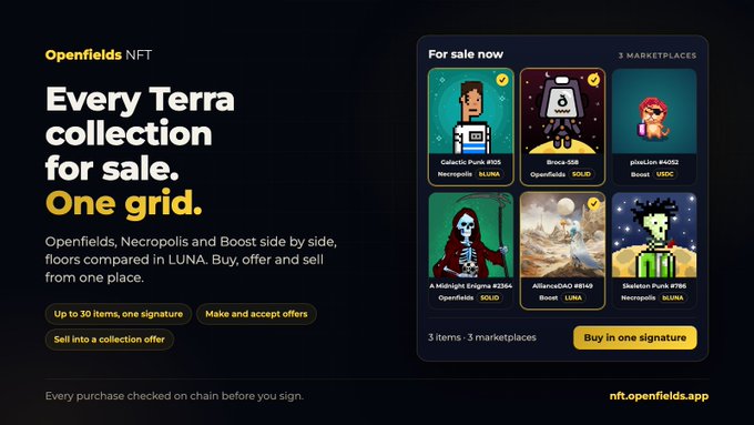 A promotional advertisement for Openfields NFT, featuring the tagline 'Every Terra collection for sale. One grid.' and displaying various NFT items for sale across marketplaces including Necropolis, Broca-558, and Galactic Punk.