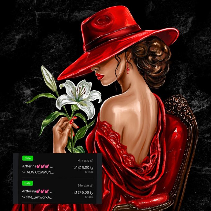 A digital painting of a woman in a red dress and wide-brimmed hat holding a white lily, with NFT sale notifications overlaid showing transactions for Artterina including an AEW COMMUN NFT.