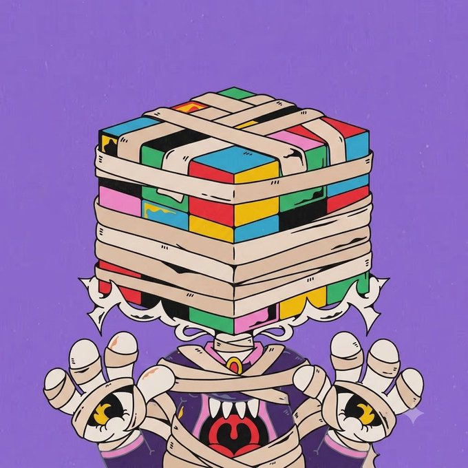 A cartoonish purple monster with bulging yellow eyes and sharp fangs is wrapped in mummy bandages, precariously balancing a Rubik's Cube on its head. The playful illustration humorously visualizes the post's joke about "mummifying" a Rubik's Cube alongside the tagged personalities.