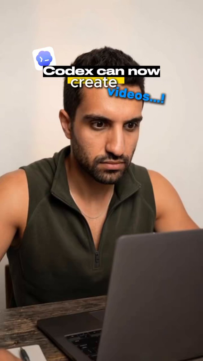 The image shows a man sitting at a desk with a laptop open, likely working or creating content for his blog. The caption of the image reads "Codex can now create videos...", which suggests that the man might be using Codex to generate video content. The image also includes a link to HyperFrames, which is an app designed specifically for video creation and editing. The post encourages users to use Hyper Frames instead of a terminal workflow, as it is easier and more convenient than they may think.