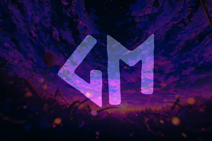 Stylized 'LM' logo watermark overlaid on a purple and pink sunset landscape with silhouetted grass and trees.