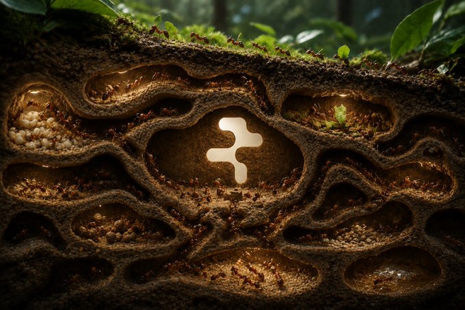 A cross-section view of an underground ant colony with numerous ants moving through tunnels, illuminated chambers, and a central glowing Tezos-style logo carved into the earthen wall.