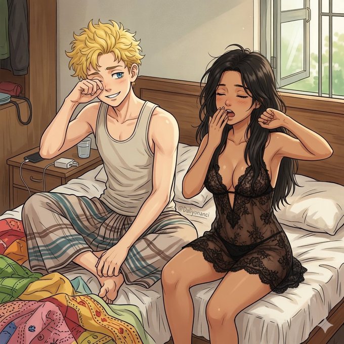 The image features a man sitting on a bed with his eyes closed while a woman sits next to him wearing lingerie. The scene appears to be set in an art class, as there are various pieces of clothing scattered around them. The caption for this image reads "GM GM Frens Happy Wednesday, have a great hot day Today end @XOOBNetwork campaign, rank 755 post #20, point 1182, push hard @useTria & @River4fun Your current rank?".