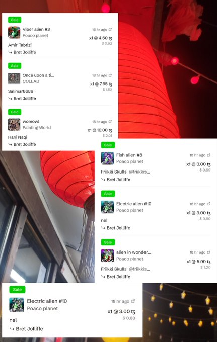The image shows a screenshot of multiple NFT sales on the Objkt marketplace, featuring pieces like "Viper alien #3" (4.60T), "Once upon a ti..." (7.55T), "womow!" (10.00T), "Fish alien #8" (3.00T), "Electric alien #10" (3.00T), and "alien in wonder..." (5.90T) purchased by Brett Jolliffe from artist "nel" on the Poaco planet platform. The overlay of red lanterns and string lights adds a warm, celebratory ambiance to the image, visually reinforcing the artist's grateful caption thanking Brett Jolliffe for their continued secondary market support and encouraging a return to active creation on Objkt.