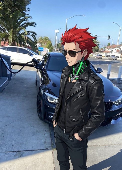An anime-style character with spiky red hair, wearing a black leather jacket, dark sunglasses, and a futuristic green-lit collar, stands confidently beside a black BMW at what appears to be a gas station. The image pairs with the post's theme of seamless, voice-driven technology, visually representing how Quant AI's onchain intent system could integrate effortlessly into everyday, stylish lifestyles without users needing to consciously engage with the underlying tech.