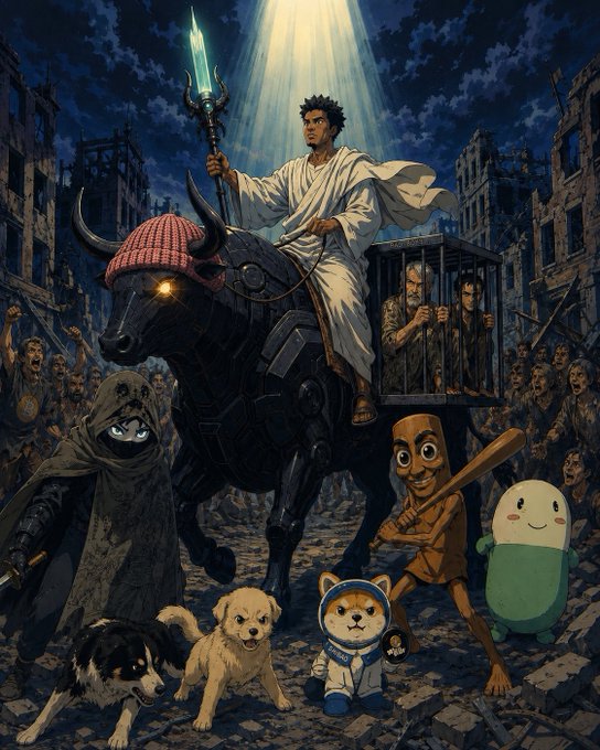A dramatic anime-style illustration depicts a hero on a black armored bull holding a glowing trident, with a cage of prisoners, surrounded by various character figures including a small astronaut dog and a cute green creature.