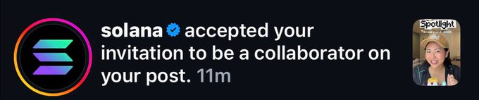 A Twitter/X notification showing that Solana's verified account accepted an invitation to be a collaborator on a post, with a profile picture tagged 'Spotlight'.