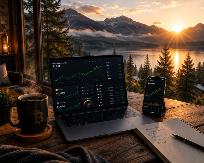 A laptop and smartphone displaying cryptocurrency charts (showing Bitcoin at $2,261 and Ethereum at $95,247.19) sit on a wooden desk next to a mug with the Bitcoin logo, set against a scenic mountain and lake view at sunset.