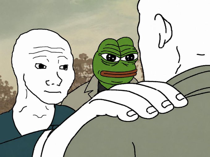 An animated meme-style image shows a sad-looking bald character with a hand on his shoulder, while a smug Pepe the Frog character peeks from behind his other shoulder.