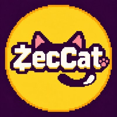 A pixel art logo featuring the text 'ZecCat' in white letters with pink cat ears and a smiley face inside a yellow circle on a dark purple background.