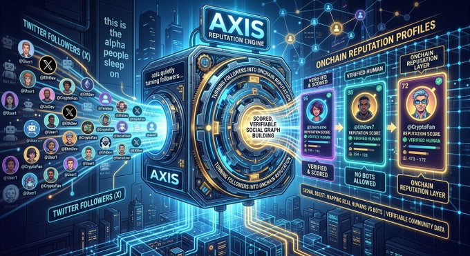 A promotional graphic for 'AXIS REPUTATION ENGINE' showing Twitter followers being scored and converted into onchain reputation profiles.