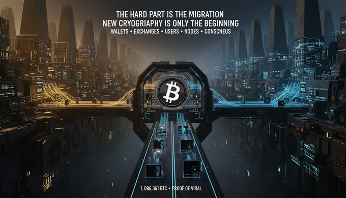 A futuristic Bitcoin-themed graphic showing a Bitcoin symbol in a circular structure connecting two futuristic cityscapes, with text reading "THE HARD PART IS THE MIGRATION" and "NEW CRYOGRAPHY IS ONLY THE BEGINNING."