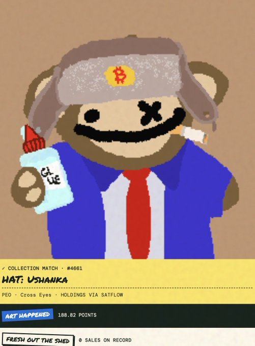 The image shows a crudely drawn puppet character wearing a ushanka hat with a Bitcoin logo, blue suit, and red tie, holding a glue bottle and cigarette. The caption reads "Hat: Ushanka," is labeled #4661 with 188.82 points, and notes "0 Sales on Record," matching the post's description of it being a Bitcoin-themed puppet with no sales.