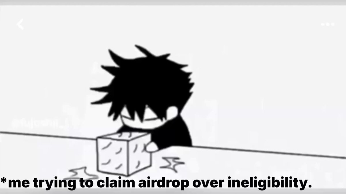 The image features a cartoon character sitting at a table with a box, which appears to be a video game item or a piece of equipment. The text overlay on the image reads "It's me trying to claim airdrop over ineligibility." This suggests that someone is attempting to use an airdrop feature within the game for personal gain, even though they are not entitled to do so due to their lack of in-game currency or resources.