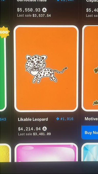 A mobile app screen showing a marketplace listing for an item called "Likable Leopard" with a drawing of a baby leopard, priced at $4,214.94 alongside similar cards.