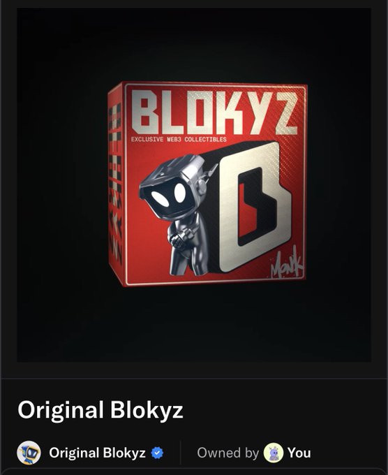 A red "BLOKYZ" collectible box labeled "Exclusive Werks Collectibles" with a signature, listed as "Original Blokyz" owned by the user. The caption ties into the post's 4.20 ETH offer to sell this NFT collectible.