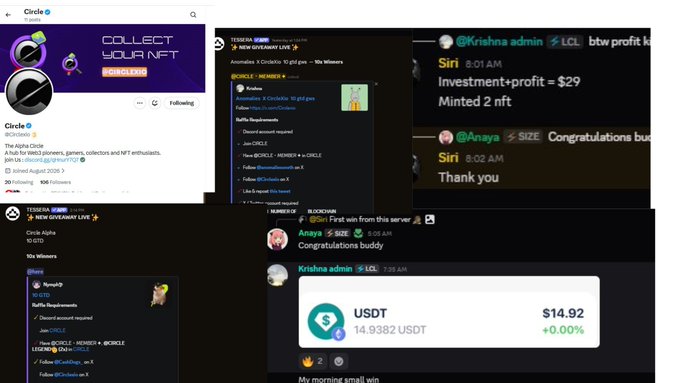 A screenshot collage of Telegram chat interfaces featuring channels and groups like 'Circle 0 - The Alpha Circle' and '10x Winners', with users named 'Siri', 'Anaya', and 'Krishna admin' sharing messages about crypto profits and congratulations.