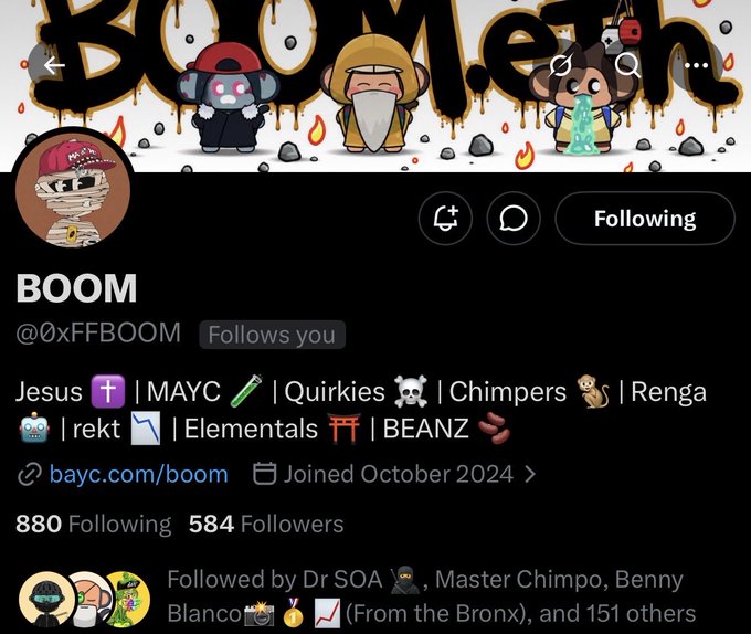 A Twitter/X profile for 'BOOM' (@0xFFBOOM) with a banner featuring NFT characters, listing interests like Jesus, MAYC, Chimpers, and BEANZ, with 584 Followers.