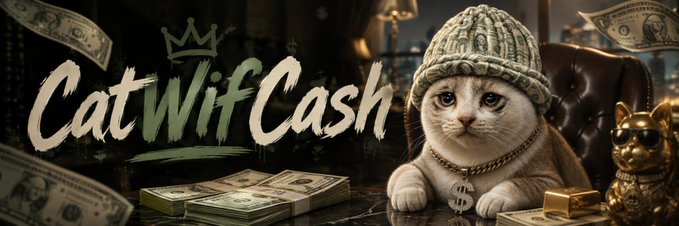 A clever meme image features a cat dressed as a wealthy "crypto cat" wearing a beanie made of dollar bills and a dollar-sign chain, surrounded by cash stacks and a golden cat figurine, with bold stylized text reading "CatWifCash." The post references this branding as a $WIFCASH pump-fun token, tying the image's luxurious feline mascot directly to the coin's name and hype.