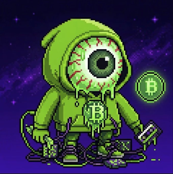 Pixel art of a green cyclops alien character with a Bitcoin symbol on its chest, surrounded by floating Bitcoin coins against a starry purple background.