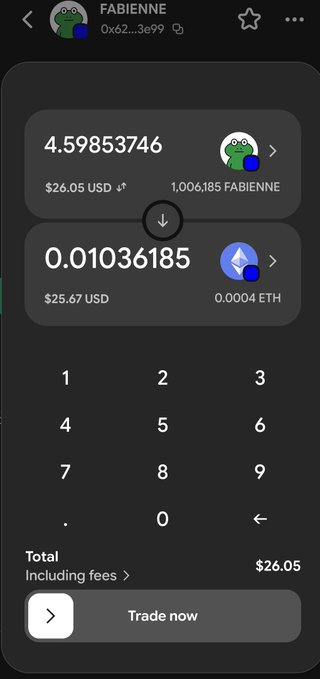 A crypto trading screen converting 4.59853746 FABIENNE ($26.05 USD, 1,006,185 FABIENNE) to 0.01036185 ETH ($25.67 USD) with a total of $26.05.