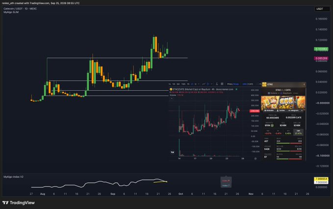 A TradingView chart titled "CATE/USDT" on BingX shows a candlestick price pattern with horizontal support/resistance lines drawn around the 0.0000720–0.0000780 range, alongside an inset 4-hour "ETC/USDT Market Cap vs Realcap" chart and a ticker panel displaying both $ETAC (240K mcap, $1.23M value) and $CATE (20.93M market cap, $21.27M value) — visually supporting the post's claim that the two assets' charts look nearly identical and suggesting a potential breakout for both.