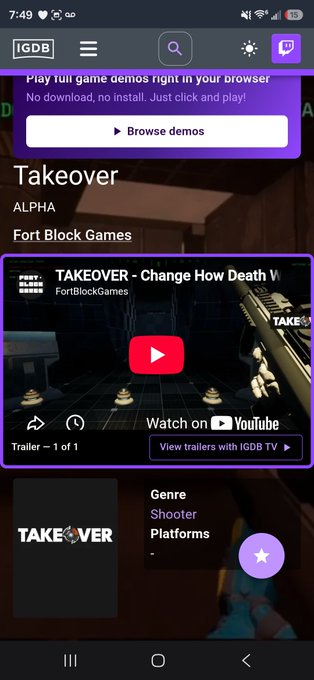 Mobile screenshot of the IGDB app showing the game 'Takeover' by Fort Block Games, a Shooter currently in Alpha, with a YouTube trailer and genre details.