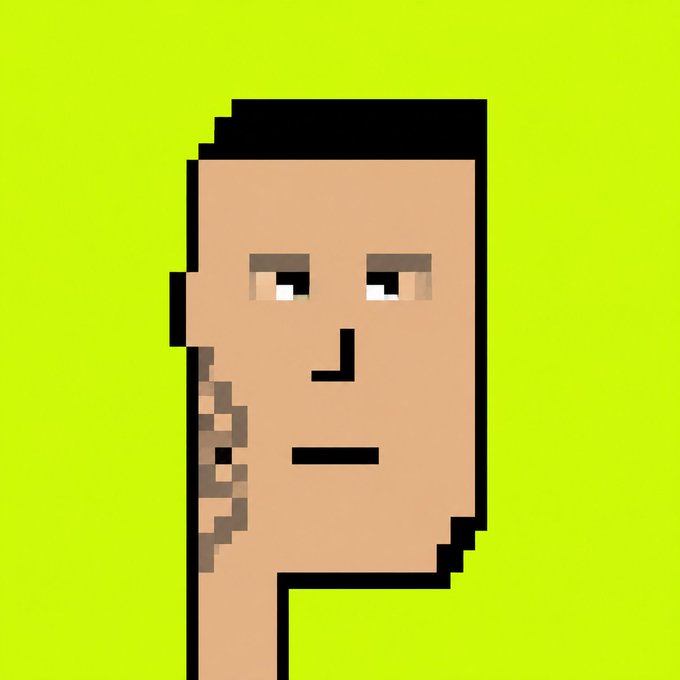 A pixel art illustration depicts a man's face in profile against a bright lime green background, with dark hair and a neutral expression.