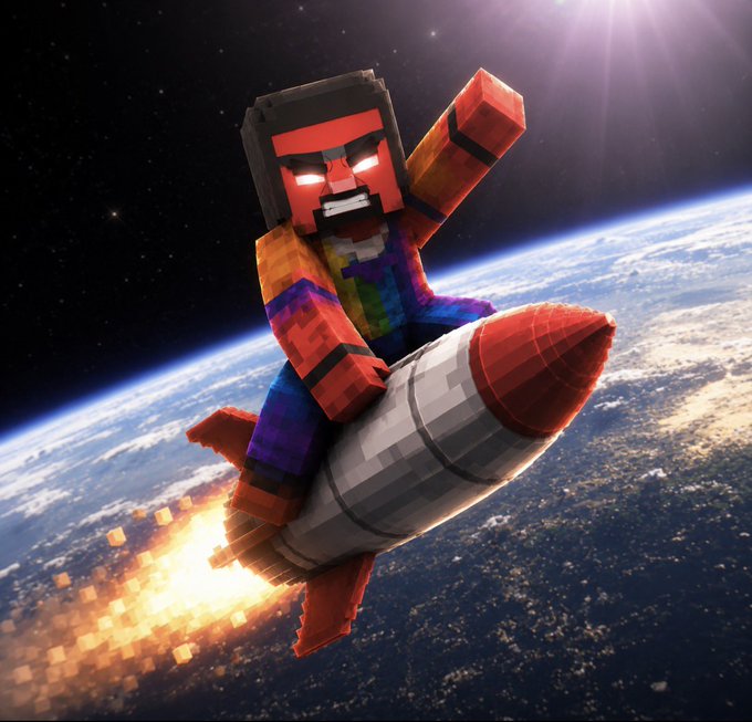 A Minecraft-style character with glowing eyes rides a red and white rocket through space above Earth, leaving a fiery pixelated trail behind.