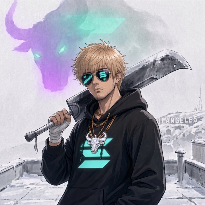 An anime-style illustration of a blonde man wearing sunglasses, a black hoodie with a bull skull necklace, and holding a large sword over his shoulder, with a purple spectral bull head looming behind him and 'LOS ANGELES' faintly visible in the background.