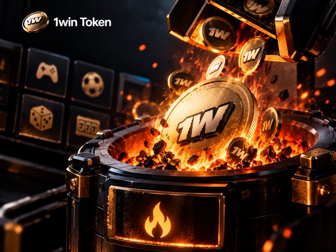 A promotional graphic for '1win Token' featuring golden coins with the '1W' logo emerging from a fiery forge, with gaming-related symbols in the background.