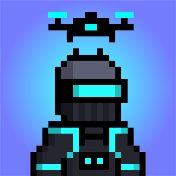 A pixel art image of a futuristic helmeted figure with a glowing blue visor, featuring a drone-like object hovering above its head against a blue gradient background.