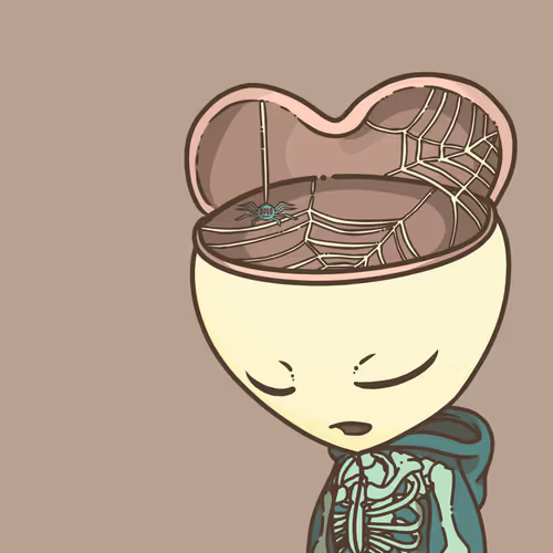 An illustration of a creature with a hollow, cracked head containing a spider in a web, with closed eyes and an exposed ribcage.