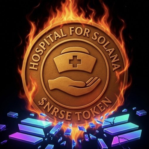 A bronze medallion labeled "HOSPITAL FOR SOLANA" and "$NRSE TOKEN" featuring a nurse's cap and a hand holding a medical cross, surrounded by flames and shattered crystalline ingots.