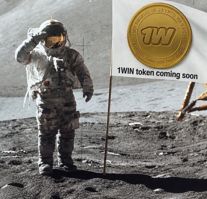 An astronaut on the moon salutes beside a flag reading "1WIN token coming soon" with a gold "1W" crypto coin emblem, symbolizing the $1WIN token launch as a giant leap toward its integration into the Solana ecosystem.