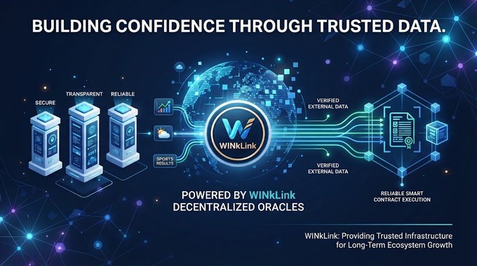 A promotional graphic titled 'BUILDING CONFIDENCE THROUGH TRUSTED DATA' features the WinkLink logo, highlighting its role as a decentralized oracle.