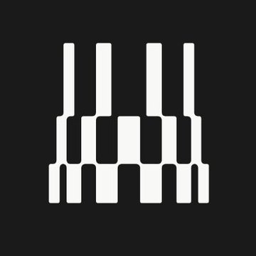 A minimalist grey and black graphic of piano keys or an equalizer against a dark background.