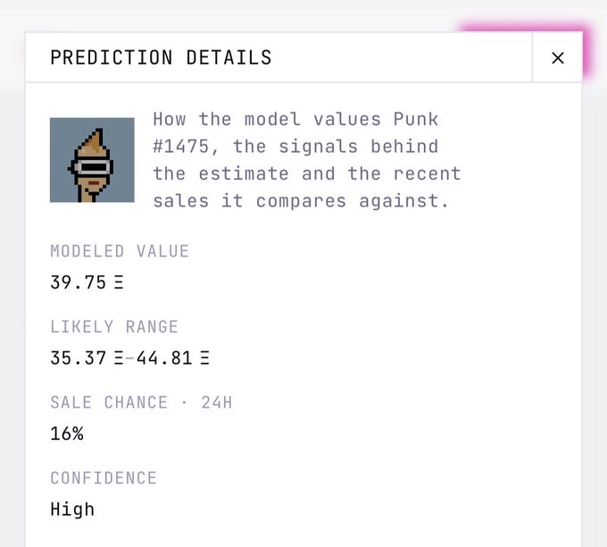 The image shows a screenshot of a computer screen displaying a page from a website called "Prediction Details". The main content on this page is a column titled "Predict Values Punks" with some information about predicting stock prices for cryptocurrency names, specifically " CryptoPunk". This text seems to be related to a comparison between different models used to predict the value of cryptocurrencies like Bitcoin.