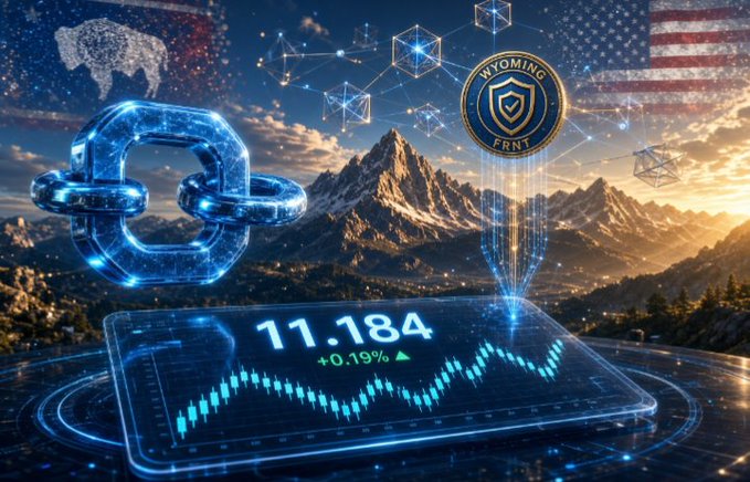 A digital graphic showing a chain link icon, a 'Wyoming FRNT' badge, mountains, an American flag, and a holographic chart displaying '11.184' with a '+0.19%' increase.