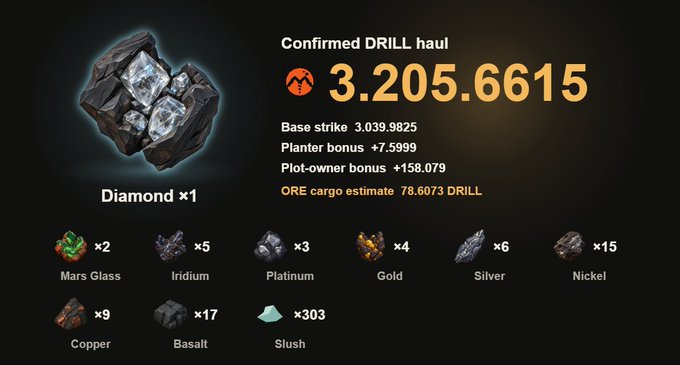 A game screen showing a 'Confirmed DRILL haul' of 3,205.6615, including a Diamond x1 and various other resources like Mars Glass, Iridium, Platinum, and Slush.