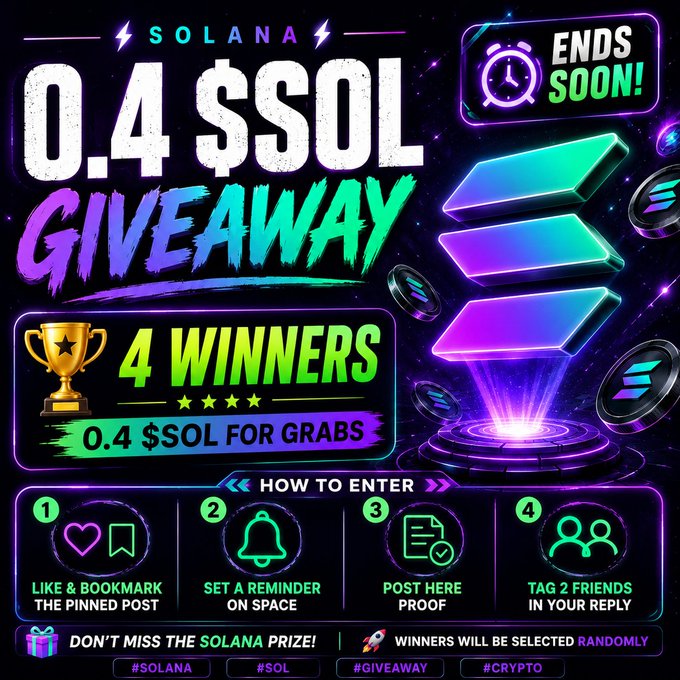 The image features a poster with a purple background, green and blue elements, and a gold trophy. The poster includes text that reads "0.4 $SOL 4 WINNERS Ends in 6 hours HOW TO ENTER: LIKE & BOOKMARK THE PINNED POST SET A REMINDER FOR THE SPAC E(SPACE) (IN CS) Drop proof below Tag 2 friends Winners will be selected on space". The poster also includes a list of instructions for entering the giveaway.