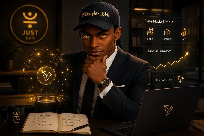 A promotional image featuring a man in a suit and cap with the handle @Dptylex_GMI, surrounded by JUST DAO branding, DeFi information ('Lend, Borrow, Earn'), and TRON network references.