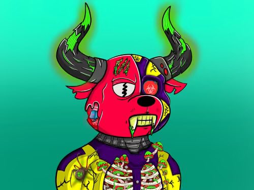 A cartoon-style NFT artwork of a red demonic deer skull with black horns, wearing a purple and yellow outfit, set against a green background.