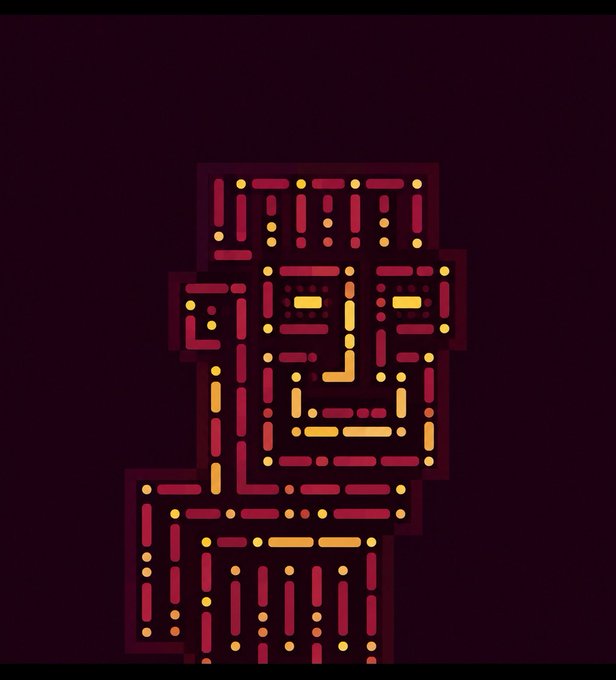 A retro pixel-art style cross or character is constructed from red, yellow, and orange lines and dots on a dark red background.