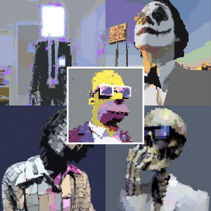 A collage of low-resolution, glitchy meme-style images including a Simpsons character with sunglasses, a Creepypasta-style figure, and other distorted faces.