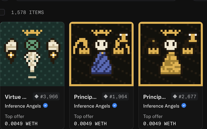 The image shows three pixel-art NFT listings from the "Inference Angels" collection on OpenSea, with a total of 1,578 items, displaying items like "Virtue" (#3,966), and two "Princip..." listings (#1,964 and #2,677), all priced at a top offer of 0.0049 WETH. This aligns with the post about making a first purchase from Inference Angels, highlighting the artwork and pricing that caught the author's eye.