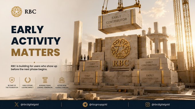 The image shows a grand structure being built by RBC, with blocks labeled "EARLY CONTRIBUTOR" being added, reinforcing the message that "EARLY ACTIVITY MATTERS." This visually represents RBC's commitment to acknowledging and rewarding early users and active community members.